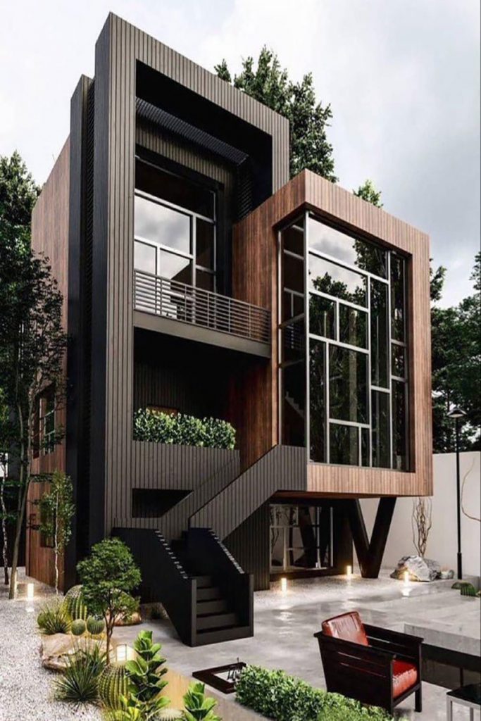wood design in villa facade